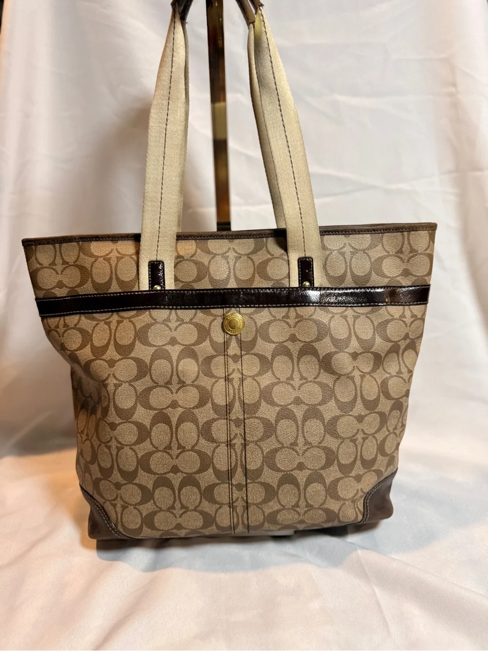 Coach Beige Signature Canvas Tote with Brown Trim and Red Logo